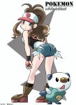  1girl aosora_neko baseball_cap blue_eyes brown_hair denim denim_shorts hat holding holding_poke_ball oshawott poke_ball pokemon pokemon_(creature) pokemon_(game) pokemon_black_and_white pokemon_bw ponytail shorts touko_(pokemon) vest 