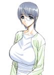  blouse blush breasts collarbone glasses grey_eyes grey_hair huge_breasts magaki_ryouta shirt short_hair simple_background solo 