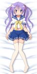  dakimakura hiiragi_kagami long_hair lucky_star lying mel_(artist) navel purple_hair school_uniform serafuku solo thigh-highs thighhighs twintails 