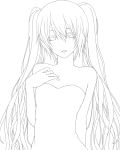 bare_shoulders hand_on_chest hand_on_own_chest hatsune_miku hinase_kanoto lineart long_hair monochrome solo transparent_background twintails very_long_hair vocaloid 