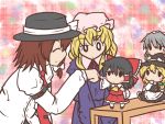  blonde_hair blush_stickers bow brown_hair chibi chin_rest closed_eyes fushigi_ebi hair_bow hakurei_reimu hat holding_hands izayoi_sakuya kirisame_marisa leaning_forward maribel_hearn minigirl profile raised_eyebrow short_hair smile standing table touhou touhou_ningyougeki usami_renko v_arms 