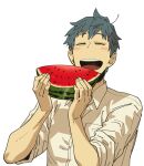  1boy bags_under_eyes blush_stickers breast_pocket closed_eyes collared_shirt facing_viewer fate/grand_order fate_(series) fingernails food fruit grey_hair holding holding_food holding_fruit kokujin_youhei male_focus open_mouth pocket saitou_hajime_(fate) shirt simple_background solo teeth upper_body upper_teeth_only watermelon watermelon_slice white_background white_shirt 
