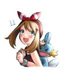  &gt;_&lt; 1girl :d blue_eyes blush bow bracelet brown_hair fang from_side hair_bow highres jewelry looking_at_viewer may_(pokemon) mudkip open_mouth pinguinkotak pokemon pokemon_(creature) pokemon_(game) pokemon_on_back pokemon_oras red_bow smile white_background 