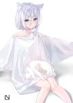  1girl animal_ear_fluff animal_ears animal_on_lap blue_eyes cat cat_ears cat_girl cat_on_lap expressionless extra_ears grey_hair highres long_sleeves looking_at_viewer no_pants off_shoulder on_lap original oversized_clothes see-through short_hair short_hair_with_long_locks simple_background sitting sweater user_inubouzakiitsuki white_background white_cat white_sweater 