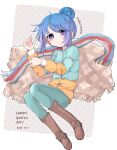  blue_hair boots brown_footwear dated green_pants hair_bun happy_birthday highres jacket lying multicolored_clothes multicolored_jacket multicolored_scarf nan on_back pants poncho scarf shima_rin simple_background violet_eyes yurucamp 