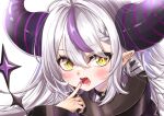  1girl ascot black_horns blush braid braided_bangs coat coat_dress collar highres hololive horns la+_darknesss la+_darknesss_(1st_costume) looking_at_viewer metal_collar multicolored_hair nail_polish open_mouth pointy_ears purple_coat purple_hair purple_nails shun_restart slit_pupils solo streaked_hair striped_horns virtual_youtuber yellow_ascot yellow_eyes 
