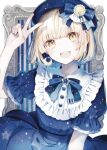  1girl :d blonde_hair blue_bow blue_dress blue_headwear blue_ribbon bow dress earrings frills hat highres hitoba jewelry looking_at_viewer open_mouth original puffy_short_sleeves puffy_sleeves ribbon short_hair short_sleeves smile solo star_(symbol) v yellow_eyes 