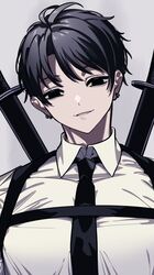  1boy angellyuna black_eyes black_hair black_necktie chainsaw_man chest_harness collared_shirt ear_piercing harness katana kishibe_(chainsaw_man) kishibe_(young)_(chainsaw_man) necktie parted_lips piercing sheath sheathed shirt simple_background smile solo sword upper_body weapon white_background white_shirt 