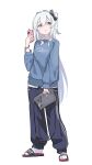  1girl bag black_pants blue_archive blue_shirt cellphone full_body grey_hair hair_between_eyes highres holding holding_bag holding_phone long_hair long_sleeves miyako_(blue_archive) no_halo one_side_up open_mouth osisio pants phone puffy_long_sleeves puffy_sleeves shirt simple_background sketch slippers smartphone socks solo violet_eyes white_background white_socks 