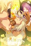  1girl 2boys asterios_(fate) black_horns blonde_hair closed_eyes closed_mouth commentary_request dark-skinned_male dark_skin ear_piercing echo_(circa) english_text euryale_(fate) fate/grand_order fate_(series) flower green_eyes head_wreath headdress horns long_hair multiple_boys muscular muscular_male open_mouth petals piercing pink_flower purple_hair smile theseus_(fate) twintails white_hair yellow_flower 