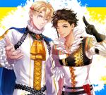  2boys alfred_(fire_emblem) alfred_(fire_emblem)_(cosplay) ascot black_gloves blonde_hair blue_cape blue_eyes brown_hair cape circlet claude_von_riegan cosplay dimitri_alexandre_blaiddyd fire_emblem fire_emblem:_three_houses fire_emblem_engage fogado_(fire_emblem) fogado_(fire_emblem)_(cosplay) gloves gold_circlet green_eyes multiple_boys saku_(soreca49) yellow_ascot 