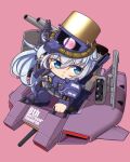  1girl aircraft base_jabber blue_eyes blush cannon grey_hair gun gundam hair_between_eyes hat hibiki_(kancolle) hizack kantai_collection long_hair lowres machine_gun mecha mecha_musume mobile_suit moke_ro pink_background pleated_skirt robot shield skirt smile solo spikes thrusters titans_(gundam) torpedo_launcher weapon zeta_gundam 