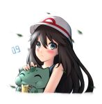  1girl bare_shoulders black_eyes blush brown_hair bulbasaur eating food food_on_face hair_between_eyes hat holding holding_pokemon leaf_(pokemon) long_hair looking_at_viewer pinguinkotak pokemon pokemon_(creature) pokemon_(game) pokemon_frlg upper_body white_headwear 