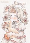  1girl animal bird black_eyes bonnet brown_hair dress duck flower holding holding_animal mirin_(mirin_4) original painting_(medium) solo traditional_media watercolor_(medium) white_dress 