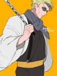  1boy black_kimono blonde_hair cowboy_shot goggles grey_scarf highres holding holding_weapon japanese_clothes jujutsu_kaisen kimono long_sleeves looking_at_viewer male_focus nanami_kento obi sano_maru sash scarf short_hair solo weapon yellow_background 