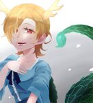  1girl antlers blue_shirt dragon_girl dragon_horns dragon_tail highres horns kicchou_yachie red_eyes shirt short_hair square_neckline tail touhou turtle_shell yellow_horns yususuu 