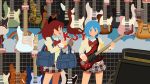  2girls bag black_bow black_skirt blue_eyes blue_hair bow bowtie brown_shirt cropped_feet electric_guitar eoljukko fang food_in_mouth guitar hair_bow high_ponytail highres holding holding_bag holding_guitar holding_instrument instrument looking_at_another mahou_shoujo_madoka_magica miki_sayaka mitakihara_school_uniform multiple_girls open_mouth plaid plaid_skirt pocky_in_mouth price_tag puffy_sleeves red_bow red_bowtie redhead sakura_kyoko school_uniform shirt shop short_hair shoulder_bag skirt standing 