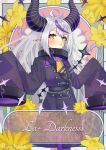  1girl ahoge ascot black_horns braid braided_bangs character_name coat coat_dress collar highres hololive horns la+_darknesss la+_darknesss_(1st_costume) looking_at_viewer metal_collar multicolored_hair pantyhose pointy_ears pupu_ayaba purple_coat purple_hair purple_pantyhose single_leg_pantyhose sleeves_past_fingers sleeves_past_wrists slit_pupils solo streaked_hair striped_horns virtual_youtuber yellow_ascot yellow_eyes 