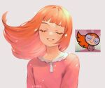  1girl artist_name blossom_(ppg) buttercup_redraw_challenge_(meme) closed_eyes commentary derivative_work english_commentary knaiifu long_hair meme orange_hair pajamas pink_pajamas powerpuff_girls reference_inset screencap_redraw signature simple_background smile solo sparkle 