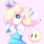  1girl bare_shoulders blonde_hair blue_dress blue_eyes brooch crown dress earrings hair_over_one_eye heart jewelry long_hair long_sleeves looking_at_viewer luma_(mario) nukoko12 own_hands_together rosalina star_(symbol) star_brooch star_earrings super_mario_bros. super_mario_galaxy upper_body 