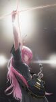  1girl arm_up black_shirt black_skirt bocchi_the_rock! closed_eyes closed_mouth cube_hair_ornament electric_guitar gotoh_hitori guitar hair_ornament highres holding holding_instrument holding_plectrum instrument jyugomio long_hair pink_hair plectrum shirt skirt solo stage_lights 