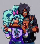  1boy 1girl :d animal_print arm_over_head black_hair black_jacket blue_hair bow chain_necklace claw_ring dark-skinned_male dark_skin double_v drill_hair fingerless_gloves gloves grey_background hair_between_eyes hair_bow hair_over_one_eye hands_up highres hood hoodie idol_land_pripara jacket jewelry katasumi_amari lau_(laustar30) long_hair long_sleeves looking_at_viewer mario_(pripara) necklace nervous nervous_smile nervous_sweating open_mouth pink_bow pretty_(series) pripara purple_hoodie red_eyes short_hair simple_background smile standing sweat tongue tongue_out twin_drills twintails upper_body v very_long_hair wristband 