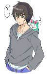  1boy :3 ? animal_on_shoulder black_hair blush_stickers chimumu closed_mouth cowboy_shot cropped_legs green_eyes grey_hoodie hair_between_eyes hamster hands_in_pockets headphones hood hood_down hoodie ibuki_touma long_sleeves male_focus murakami_hisashi pretty_(series) short_hair simple_background smile solid_circle_eyes solo speech_bubble spoken_question_mark standing sunglasses sweatdrop waccha_primagi! white_background 