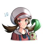  1girl blush brown_eyes brown_hair cabbie_hat chikorita closed_mouth hat looking_at_viewer lyra_(pokemon) pinguinkotak pokemon pokemon_(creature) pokemon_(game) pokemon_hgss smile twintails upper_body white_background white_headwear 