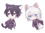  1boy 1girl animal_ears black_coat black_eyes black_hair black_pants black_vest blue_eyes cat_ears cat_tail chibi closed_mouth coat collared_shirt dog_ears dog_tail faust_(limbus_company) fevercat limbus_company looking_at_viewer necktie pants project_moon red_necktie shirt simple_background tail vest white_background white_hair white_shirt yi_sang_(limbus_company) 