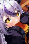  +_+ 1girl ascot black_horns braid braided_bangs burger eating food highres holding holding_food hololive horns la+_darknesss la+_darknesss_(1st_costume) looking_at_viewer multicolored_hair pointy_ears purple_hair sleeves_past_fingers sleeves_past_wrists solo streaked_hair striped_horns tsunzuki virtual_youtuber yellow_ascot yellow_eyes 
