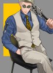  1boy animal_print blonde_hair blue_shirt collared_shirt goggles grey_pants grey_vest hand_in_pocket highres holding holding_weapon jujutsu_kaisen leopard_print long_sleeves male_focus nanami_kento necktie pants sano_maru shirt short_hair sitting solo vest weapon yellow_necktie 