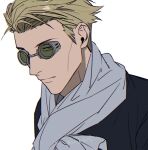  1boy blonde_hair expressionless grey_scarf highres jujutsu_kaisen looking_at_viewer male_focus nanami_kento portrait sano_maru scarf short_hair solo white_background 