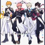  4boys akagi_wen animal_ear_headphones animal_ears axent_wear bandaid bandaid_on_face black_footwear black_jacket black_pants blonde_hair blue_eyes blue_hair boots cat_ear_headphones clenched_hand copyright_name fake_animal_ears gloves gradient_hair hand_on_own_hip headphones headset hibachi_mana highres idol_clothes jacket male_focus multicolored_hair multiple_boys nijisanji oriens_(nijisanji) pants pink_hair purple_hair saiki_ittetsu smile usami_rito violet_eyes virtual_youtuber waka_(wk4444) white_gloves white_pants yellow_eyes 