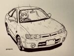  1girl car cevio commentary_request datsan driving highres marker monochrome motor_vehicle one_(cevio) short_hair solo twitter_username 