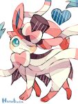  :3 animal_focus artist_name blue_eyes bow bowtie colored_skin commentary_request hanabusaoekaki hat heart highres no_humans one_eye_closed pink_bow pink_bowtie pokemon pokemon_(creature) ribbon simple_background solo striped striped_headwear sylveon top_hat two-tone_bowtie white_background white_bow white_bowtie white_ribbon white_skin 