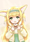  1girl :d animal_ear_fluff animal_ears arknights blonde_hair cardigan colored_tips commentary_request fox_ears fox_girl fox_tail green_eyes green_skirt high-waist_skirt kitsune kujou_ryuu kyuubi long_hair long_sleeves looking_at_viewer multicolored_hair multiple_tails neck_ribbon official_alternate_costume open_mouth puffy_long_sleeves puffy_sleeves red_ribbon ribbon shirt skirt smile solo suzuran_(arknights) suzuran_(spring_praise)_(arknights) tail teeth upper_body upper_teeth_only white_hair white_shirt yellow_cardigan 
