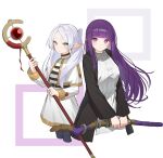  2girls absurdres black_jacket blunt_bangs closed_mouth cowboy_shot fern_(sousou_no_frieren) frieren green_eyes highres holding holding_staff jacket long_hair long_sleeves looking_at_viewer mo80_rr moyasi_ooo multiple_girls pointy_ears purple_hair serious short_eyebrows simple_background sousou_no_frieren staff thick_eyebrows violet_eyes white_hair 