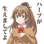  1girl aqua_eyes be_(o-hoho) bow bowtie breasts brown_cardigan brown_hair cardigan commentary_request eyebrows_hidden_by_hair kantai_collection kumano_(kancolle) medium_breasts ponytail red_bow red_bowtie smile solo translation_request upper_body 