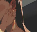  1girl black_hair blush body_blush bracelet close-up commentary dangle_earrings ear_blush earrings english_commentary from_side gold_earrings hand_blush jewelry long_hair original out_of_frame simple_background solo upper_body xi_zhang 
