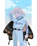  1boy baseball_cap baseball_mitt baseball_uniform belt black_belt butterfly_wings fate/grand_order fate_(series) grey_hair hat highres holding holding_clothes holding_hat insect_wings long_sleeves male_focus oberon_(fate) oneroom-disco open_mouth ponytail solo sportswear standing summer sweatdrop wings wiping_sweat 