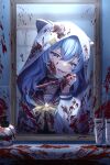  1girl absurdres blood blood_on_face blood_on_hands blood_on_knife blood_on_mirror blue_choker blue_eyes blue_hair blue_shirt blush choker highres holding holding_knife holding_weapon hololive hood hoodie hoshimachi_suisei hoshimachi_suisei_(school_uniform) knife looking_at_self looking_at_viewer official_alternate_costume open_mouth shirt shouhaku0512 smile tongue tongue_out virtual_youtuber weapon white_hoodie 