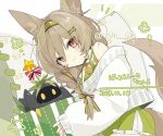  1girl animal_ear_fluff arknights artist_name beanstalk_(arknights) beanstalk_(gift_uncompleted)_(arknights) bell bow braid brown_hair closed_mouth commentary_request dated dress green_dress green_hairband green_nails hair_between_eyes hair_ornament hairband hairclip hyena_ears hyena_girl hyena_tail itsuki_02 long_hair long_sleeves looking_at_viewer metal_crab_(arknights) multicolored_nails nail_polish off-shoulder_sweater off_shoulder peacake_(arknights) pink_nails puffy_long_sleeves puffy_sleeves red_bow red_eyes side_braid sleeves_past_wrists smile star_(symbol) sweater twitter_username white_sweater 