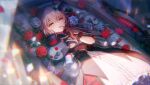  1girl black_gloves blue_flower blue_rose blush breasts button_eyes candle charlotta_skopovskaya coffin dress flower gloves grey_hair hair_bun heaven_burns_red highres holding holding_stuffed_toy long_hair lying non-web_source official_art on_back red_flower red_rose rose single_side_bun small_breasts solo stuffed_animal stuffed_cat stuffed_toy vampire_costume yellow_eyes 