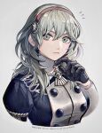  1girl breasts byleth_(female)_(fire_emblem) byleth_(fire_emblem) fire_emblem fire_emblem:_three_houses garreg_mach_monastery_uniform gloves grey_background hair_between_eyes highres long_sleeves looking_at_viewer medium_breasts medium_hair mhsk154 simple_background solo upper_body 