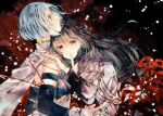  2girls akemi_homura black_hair blue_hair cape detached_sleeves finger_to_mouth flower gloves hammett_pizza hand_on_another&#039;s_shoulder long_hair looking_at_viewer looking_to_the_side magia_record:_mahou_shoujo_madoka_magica_gaiden magical_girl mahou_shoujo_madoka_magica miki_sayaka multiple_girls short_hair spider_lily violet_eyes white_cape white_gloves 