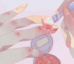  applying_makeup chromatic_aberration close-up commentary cosmetics english_commentary glitter glitter_makeup hand_blush hand_focus holding_makeup_brush makeup_brush makeup_palette original pastel_colors purple_background simple_background solo xi_zhang 