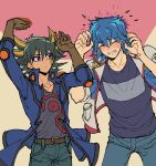  2boys :o absurdres arms_up belt black_hair black_shirt blue_eyes blue_hair blue_jacket blue_pants blue_shirt blush brown_gloves bruno_(yu-gi-oh!) ceiling closed_eyes commentary_request denim elbow_gloves elbow_pads facial_mark facial_tattoo fudou_yuusei furrowed_brow gloves hands_up head_bump high_collar highres jacket jeans leather_belt male_focus marking_on_cheek multicolored_hair multiple_boys open_clothes open_jacket open_mouth padded_jacket pain pants shirt short_hair shoulder_pads simple_background sleeves_rolled_up spiky_hair standing streaked_hair sweatdrop t-shirt tattoo v-neck white_jacket youko-shima yu-gi-oh! yu-gi-oh!_5d&#039;s 