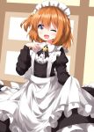  1girl ;d alternate_costume apron dress enmaided frills hair_ornament highres koisuru_asteroid konohata_mira long_sleeves looking_at_viewer maid maid_headdress one_eye_closed one_side_up open_mouth orange_hair ruu_(tksymkw) smile solo star_(symbol) white_apron 