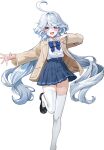  1girl absurdres ahoge alternate_costume blue_bow blue_bowtie blue_brooch blue_eyes blue_hair blue_skirt blush bow bowtie coat dasha furina_(genshin_impact) genshin_impact hair_between_eyes heterochromia highres light_blue_hair long_hair looking_at_viewer multicolored_hair open_clothes open_coat open_mouth pleated_skirt revision school_uniform sidelocks simple_background skirt smile solo standing standing_on_one_leg streaked_hair teeth thigh-highs upper_teeth_only white_background white_thighhighs 