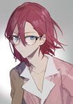  1boy absurdres blue_eyes brown_coat closed_mouth coat coat_partially_removed ensemble_stars! glasses grey_background highres looking_at_viewer male_focus multicolored_shirt pink_shirt redhead saegusa_ibara shirt short_hair solo white_shirt yhsg 